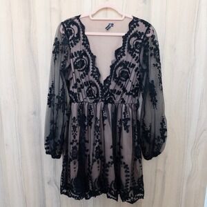 Boohoo Womens Lace Dress Size 10 Black Long Sleeve Mini Whimsigoth Fairy Grunge